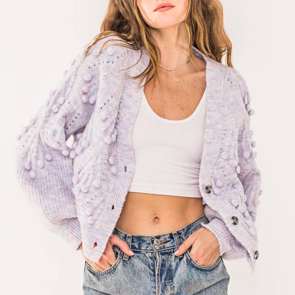 LAST 1! Cropped Pom Pom Lavender Sweater Cardigan - Picture 2 of 10